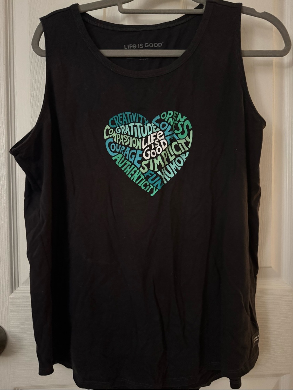 Life Is Good Black Tank with Teal Word-Heart Graphic